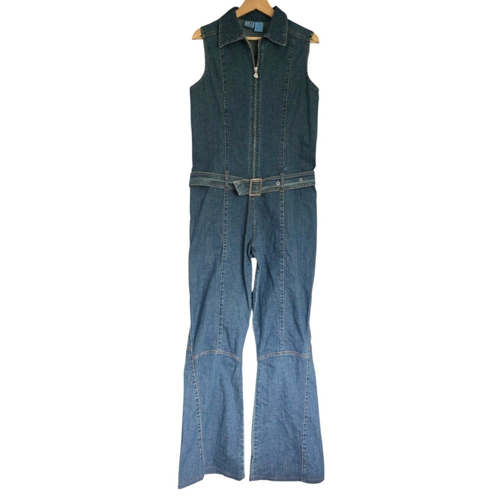 Y2K Groggy Denim Sleeveless Flared Leg Belted Zipper Jumpsuit Retro Collar Large